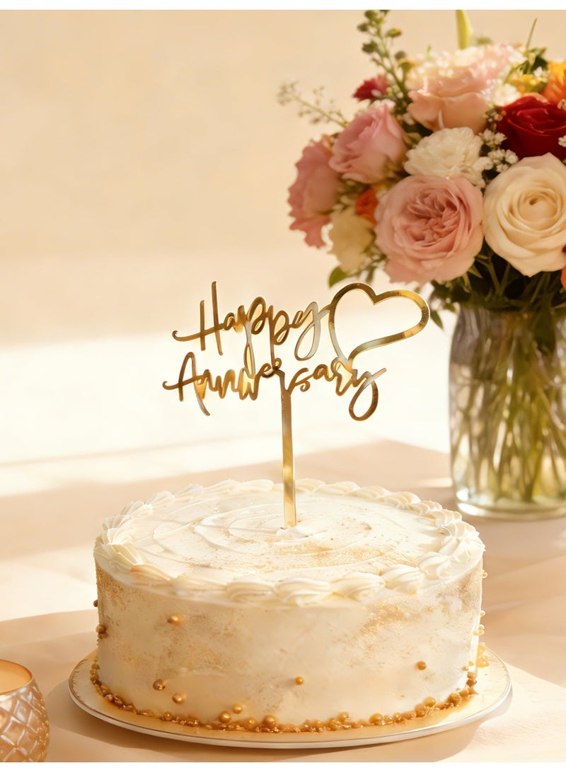 Happy Anniversary Cake Topper Acrylic Gold Cake Decorations Wedding Anniversary Sparkling Decoration Sticks for Engagement Wedding Party Supplies - Image 1