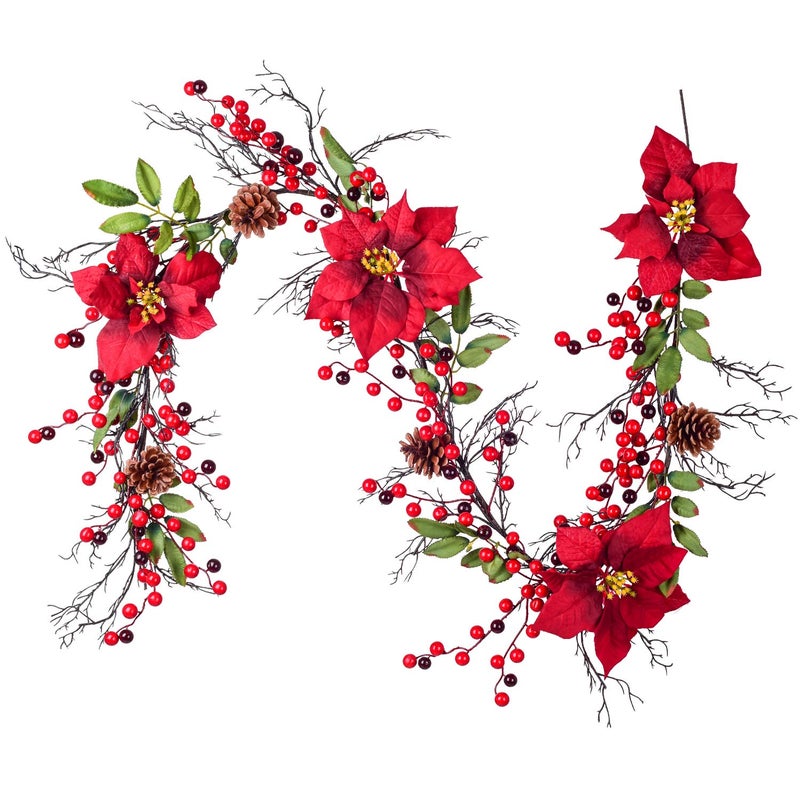 Artiflr Artiflr Berry Christmas Garland 53 Ft Artificial Poinsettia Garland with Red Berries and Holly Leaves Pine Cone Garland for Christmas Holiday Party Decorations 
