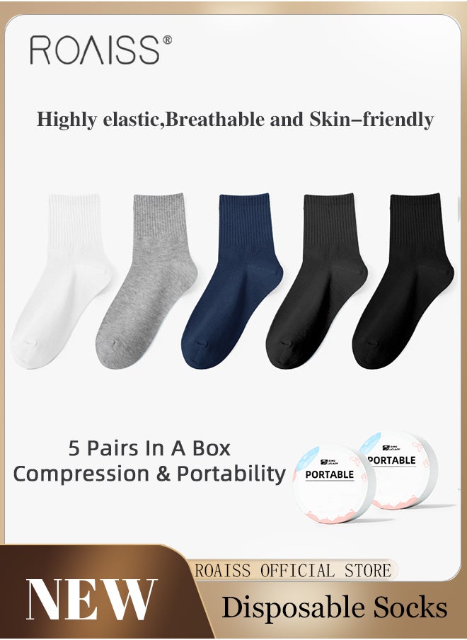 roaiss 5 Pairs of Unisex Disposable Socks Pure Color Cotton Polyester Portable Compression Travel Socks Stretchy Soft Skin-Friendly Breathable Comfortable Crew Socks  - Image 1