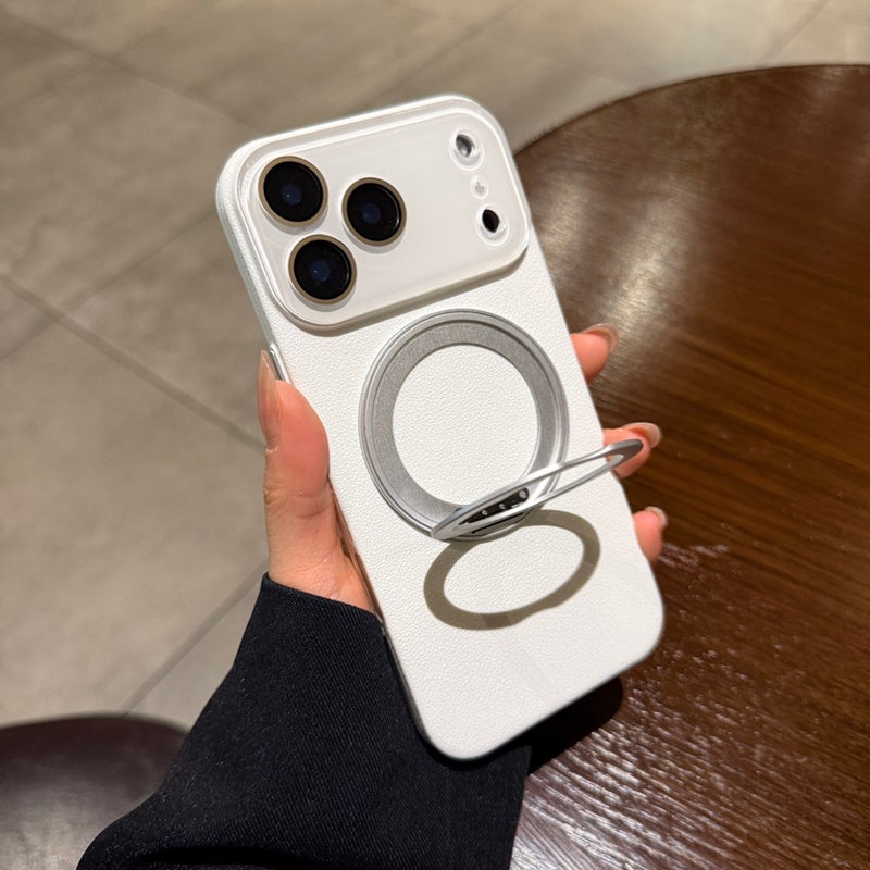 غطاء MagSafe بملمس باللون أبيض مغناطيسي بوظيفة حامل جلد لـ iPhone 15 / 15 Plus / 15 Pro / 15 Pro Max مع مغناطيس قوي وحماية من السقوط مع مقاوم للصدمات مع حامل قائم مع تغطية كاملة - Image 1