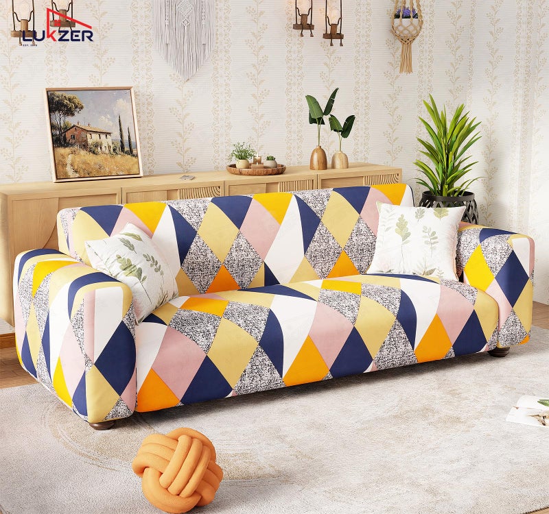 Lukzer 5 Seater Multicolor Design Universal Sofa Cover 3+1+1 Seater | 360° Fully Covered Anti-Slip Washable Couch Cover Protecter | 140 GSM Stretch Fit Polyester + Spandex Slipcover (SC-044-05) - Image 3