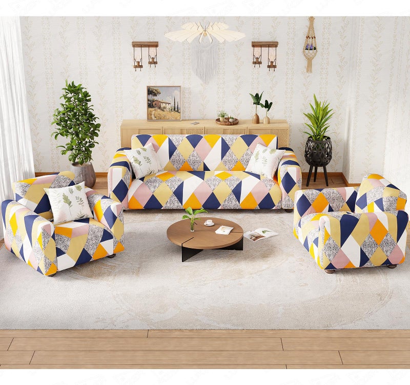 Lukzer 5 Seater Multicolor Design Universal Sofa Cover 3+1+1 Seater | 360° Fully Covered Anti-Slip Washable Couch Cover Protecter | 140 GSM Stretch Fit Polyester + Spandex Slipcover (SC-044-05) - Image 1