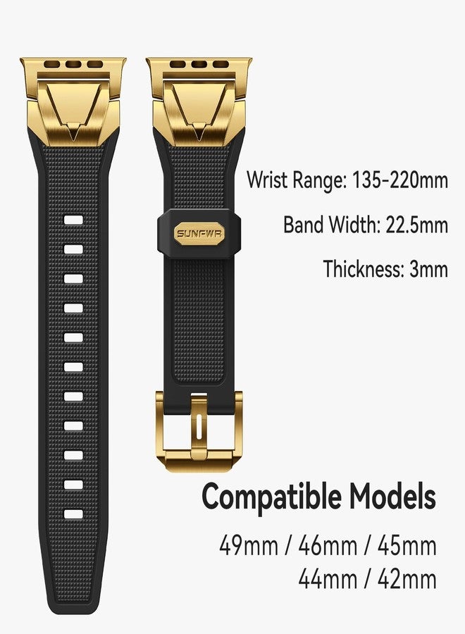 SUNFWR Compatible with Apple Watch Band Ultra 2/1 49mm 46mm 45mm 44mm 42mm Men，Rugged Silicone Rubber Sport Strap with Metal Connector for iWatch Ultra Series 10 9 8 7 6 SE 5 4 3 2 1, Black/Gold - Image 3