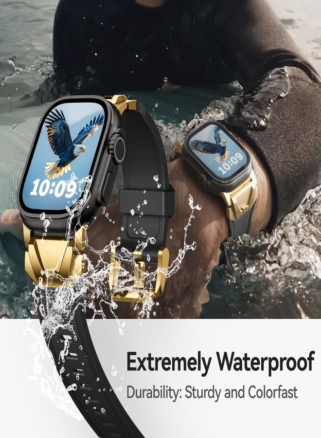 SUNFWR Compatible with Apple Watch Band Ultra 2/1 49mm 46mm 45mm 44mm 42mm Men，Rugged Silicone Rubber Sport Strap with Metal Connector for iWatch Ultra Series 10 9 8 7 6 SE 5 4 3 2 1, Black/Gold - Image 5