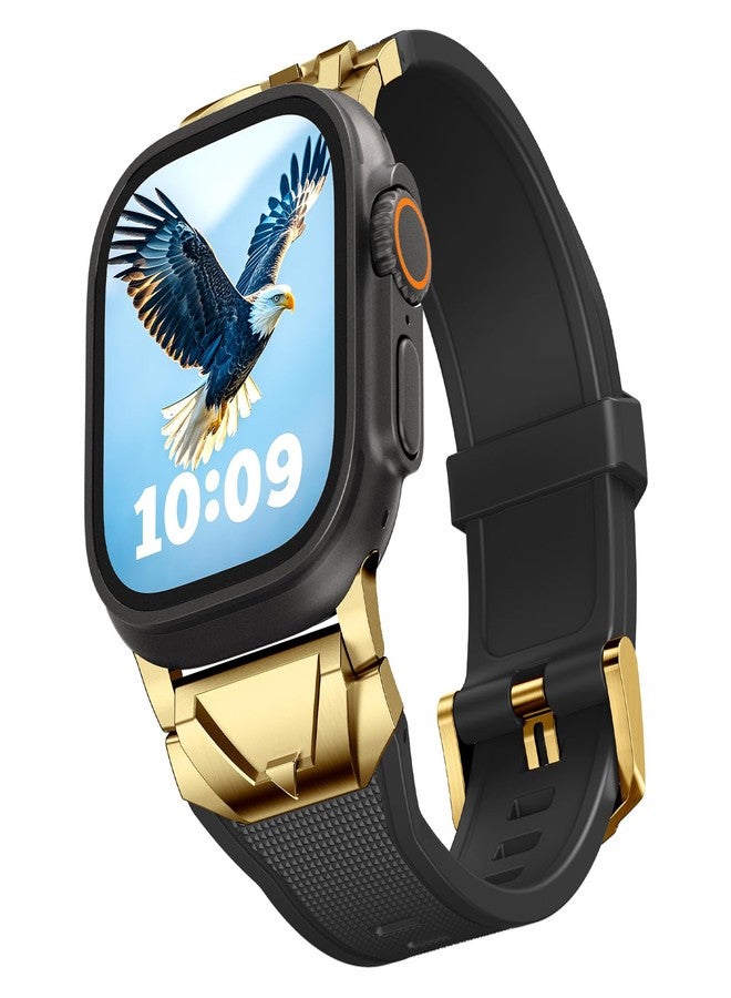 SUNFWR Compatible with Apple Watch Band Ultra 2/1 49mm 46mm 45mm 44mm 42mm Men，Rugged Silicone Rubber Sport Strap with Metal Connector for iWatch Ultra Series 10 9 8 7 6 SE 5 4 3 2 1, Black/Gold - Image 2