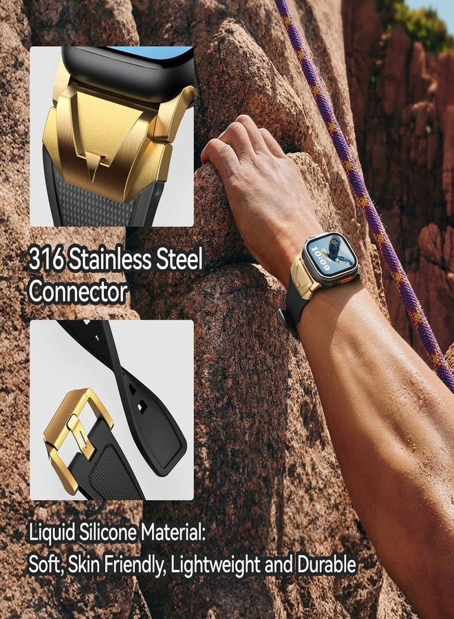SUNFWR Compatible with Apple Watch Band Ultra 2/1 49mm 46mm 45mm 44mm 42mm Men，Rugged Silicone Rubber Sport Strap with Metal Connector for iWatch Ultra Series 10 9 8 7 6 SE 5 4 3 2 1, Black/Gold - Image 4