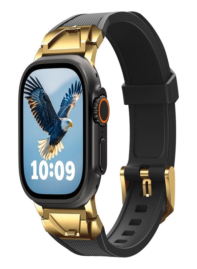 SUNFWR Compatible with Apple Watch Band Ultra 2/1 49mm 46mm 45mm 44mm 42mm Men，Rugged Silicone Rubber Sport Strap with Metal Connector for iWatch Ultra Series 10 9 8 7 6 SE 5 4 3 2 1, Black/Gold - Image 1