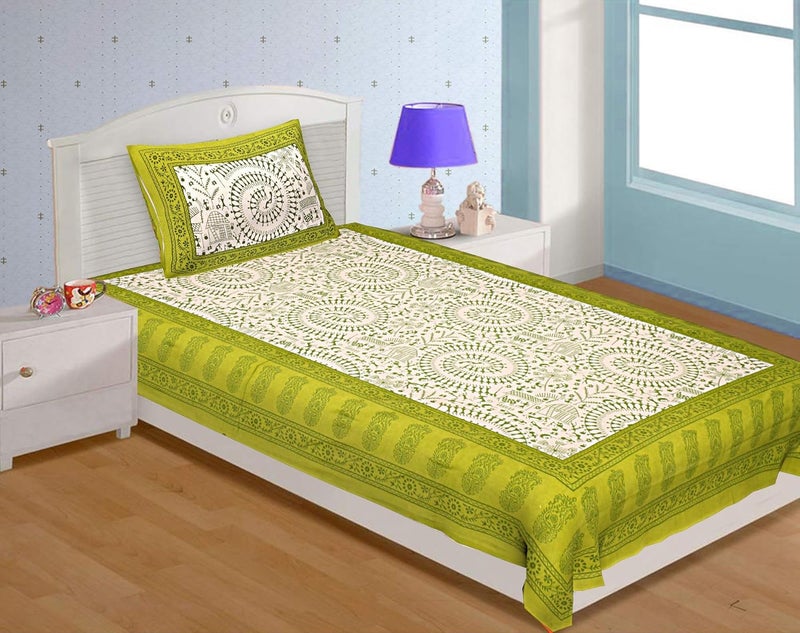 BedZone 180 TC Cotton Rajasthani Jaipuri Traditional Single Bed Sheet with One Pillow Cover Green - Image 1