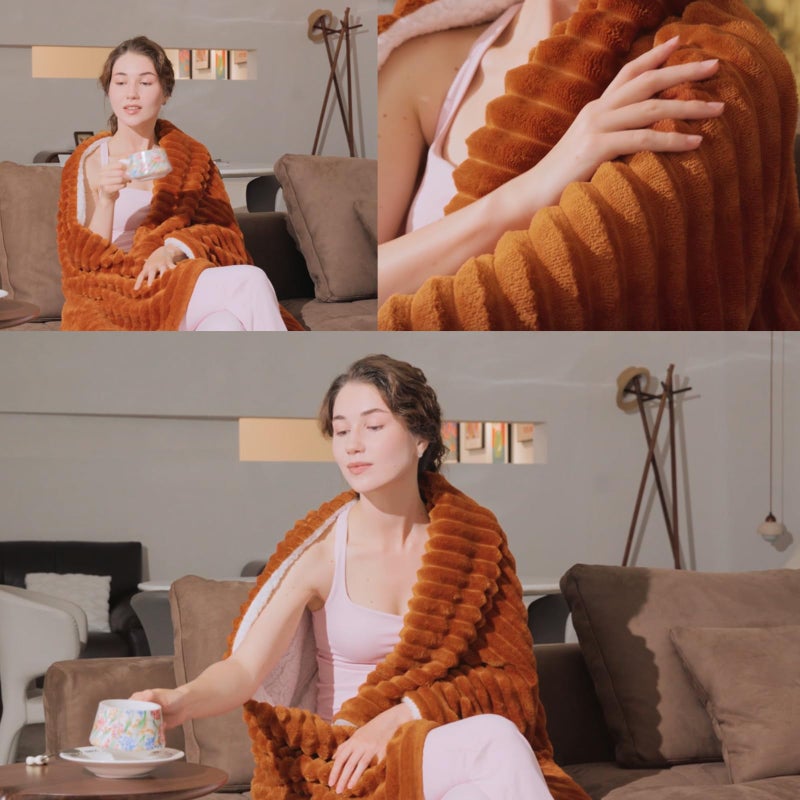 Linecooo Burnt Orange Sherpa Fleece Throw Blanket 50â€Ã—60â€ for Couch Sofa Bed,Double Side Soft Fuzzy Cozy Plush Thick Flannel Blanket with Striped Design Gift for Mother Woman - Image 2