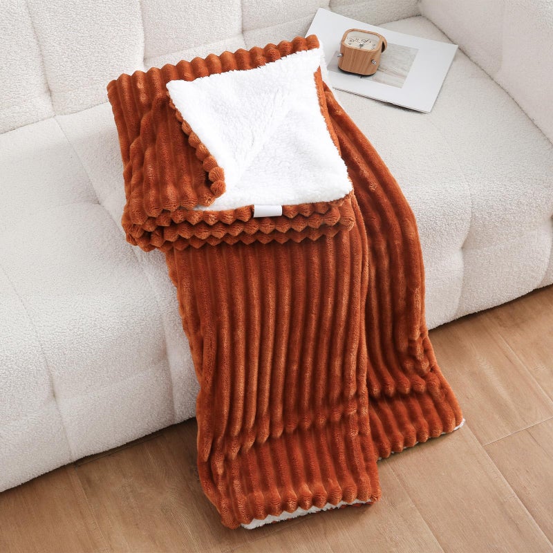 Linecooo Burnt Orange Sherpa Fleece Throw Blanket 50â€Ã—60â€ for Couch Sofa Bed,Double Side Soft Fuzzy Cozy Plush Thick Flannel Blanket with Striped Design Gift for Mother Woman - Image 3