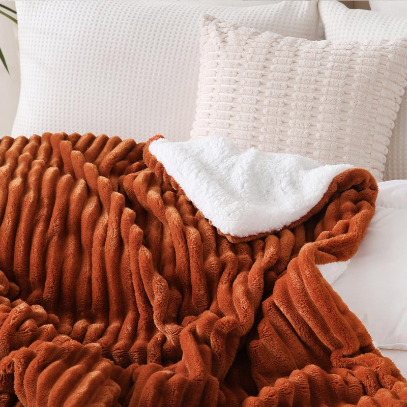 Linecooo Burnt Orange Sherpa Fleece Throw Blanket 50â€Ã—60â€ for Couch Sofa Bed,Double Side Soft Fuzzy Cozy Plush Thick Flannel Blanket with Striped Design Gift for Mother Woman - Image 5