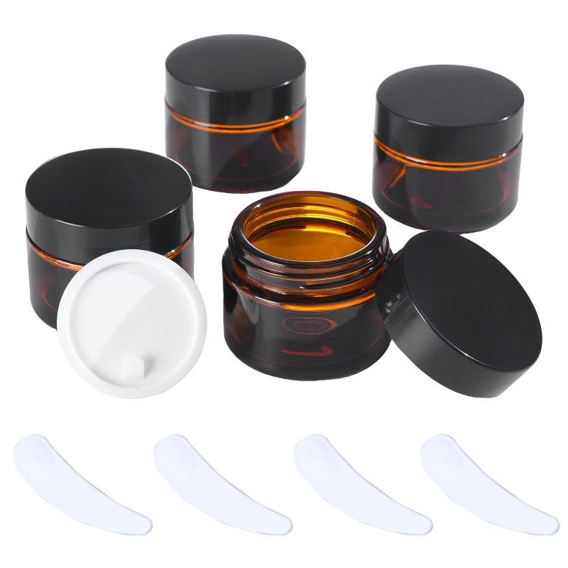 Over News OverNews 2oz Amber Glass Jar Travel Size, 4PCS Empty Cosmetic Lotion Container with Black Lid & Spatula, Small Mini Jar for Beauty - Image 1