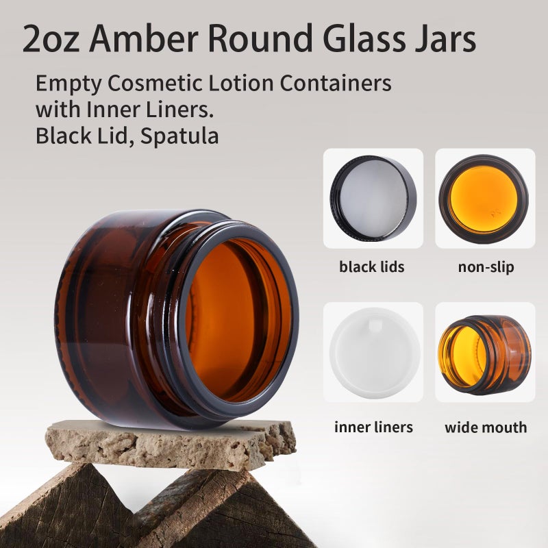 Over News OverNews 2oz Amber Glass Jar Travel Size, 4PCS Empty Cosmetic Lotion Container with Black Lid & Spatula, Small Mini Jar for Beauty - Image 3