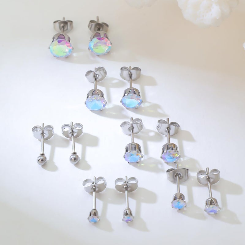 Niche-Finds 5 Pairs of Surgical Stainless Steel Aurora Borealis Crystal CZ Stud Earrings 3,4,5,6, & 7mm - Image 2