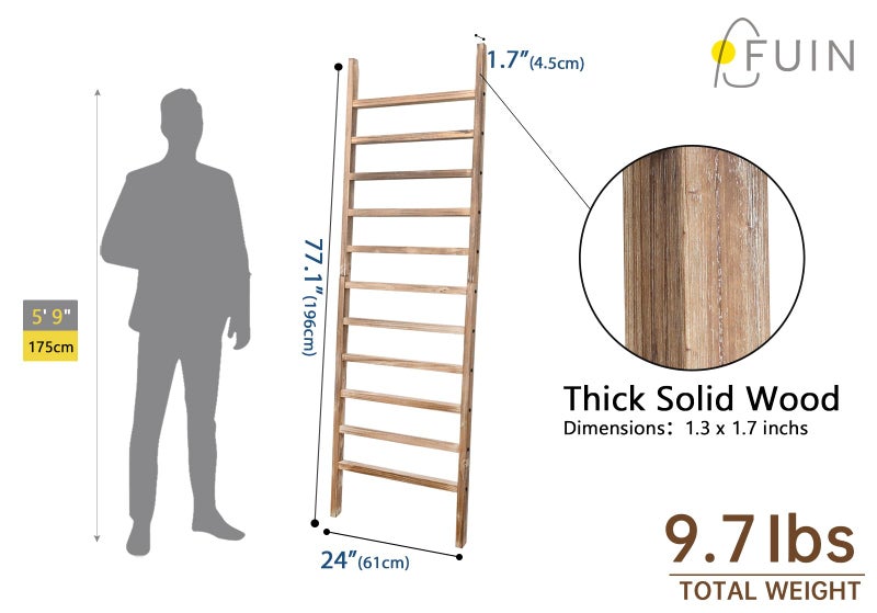 FUIN 6.4ft Extra Wide Wooden Blanket Ladder Living Room Decorative Wal Leaning Farmhouse Quilt Display Holder Rustic Wood Towel Rack for Bathroom, Burnt Brown, 24 inch Wide with 11 Rungs - Image 4