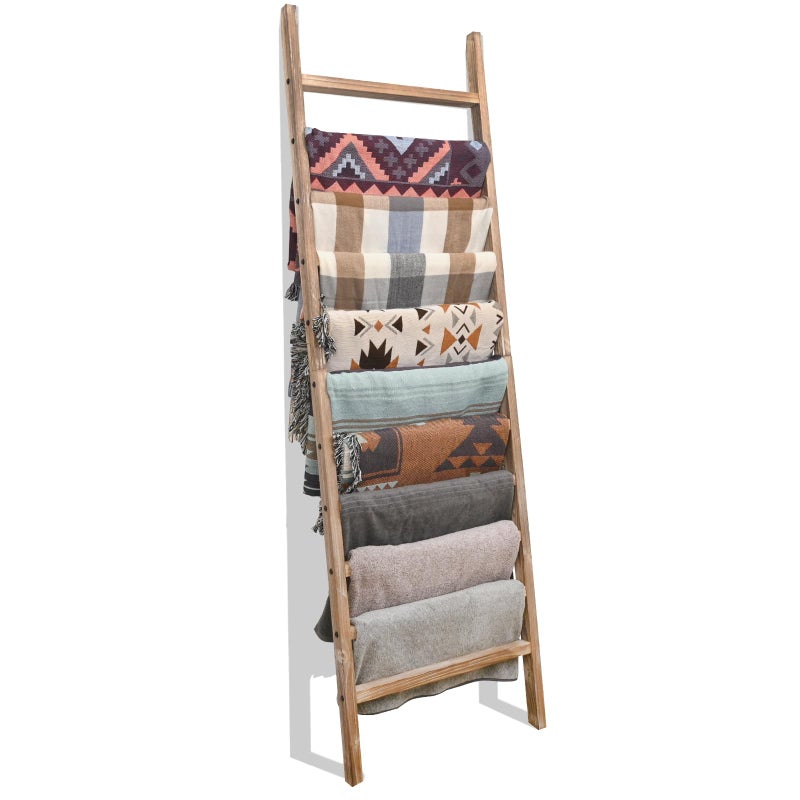FUIN 6.4ft Extra Wide Wooden Blanket Ladder Living Room Decorative Wal Leaning Farmhouse Quilt Display Holder Rustic Wood Towel Rack for Bathroom, Burnt Brown, 24 inch Wide with 11 Rungs - Image 1