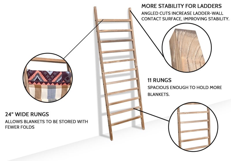 FUIN 6.4ft Extra Wide Wooden Blanket Ladder Living Room Decorative Wal Leaning Farmhouse Quilt Display Holder Rustic Wood Towel Rack for Bathroom, Burnt Brown, 24 inch Wide with 11 Rungs - Image 3