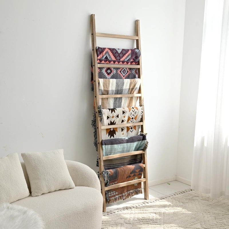 FUIN 6.4ft Extra Wide Wooden Blanket Ladder Living Room Decorative Wal Leaning Farmhouse Quilt Display Holder Rustic Wood Towel Rack for Bathroom, Burnt Brown, 24 inch Wide with 11 Rungs - Image 2