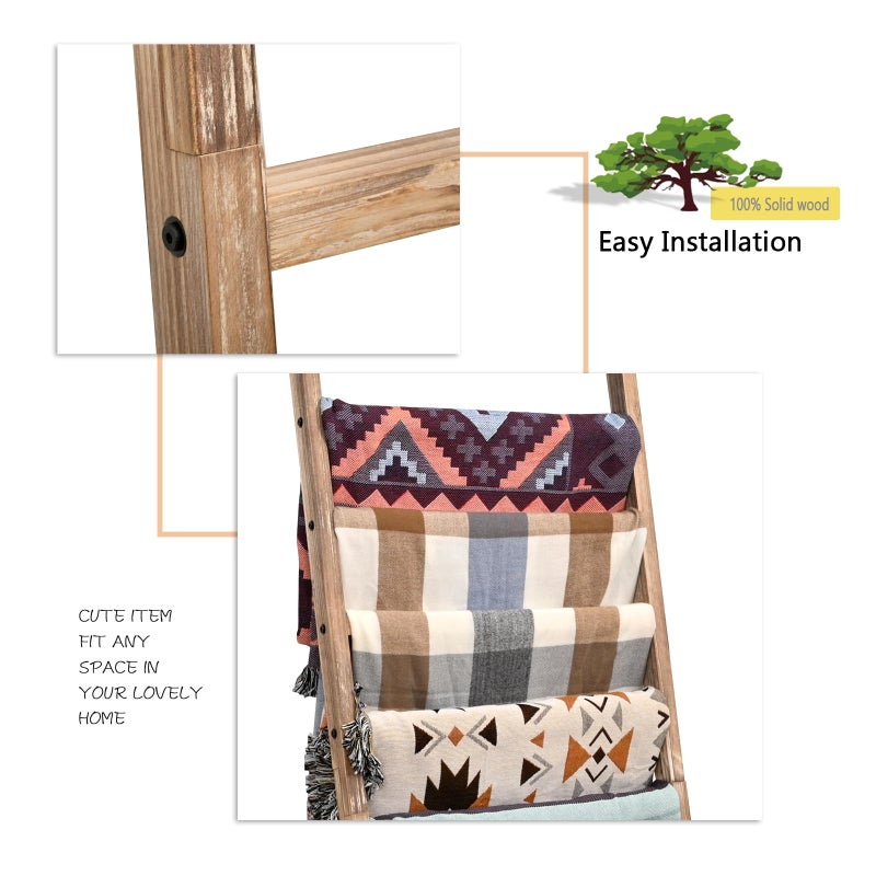 FUIN 6.4ft Extra Wide Wooden Blanket Ladder Living Room Decorative Wal Leaning Farmhouse Quilt Display Holder Rustic Wood Towel Rack for Bathroom, Burnt Brown, 24 inch Wide with 11 Rungs - Image 5