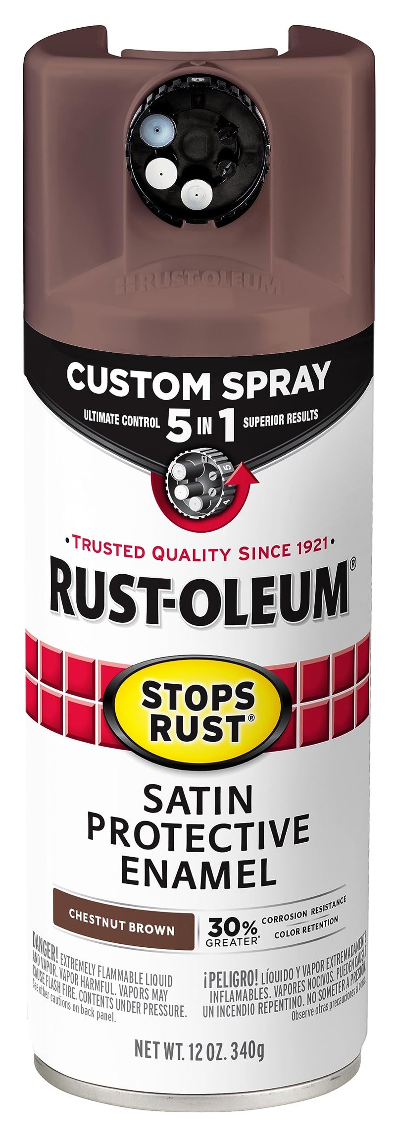RUST-OLEUM رش أويلوم 376877 يوقف الصدأ رذاذ مخصص 5 في 1، 12 أونصة، بني كستنائي ساتان - Image 1