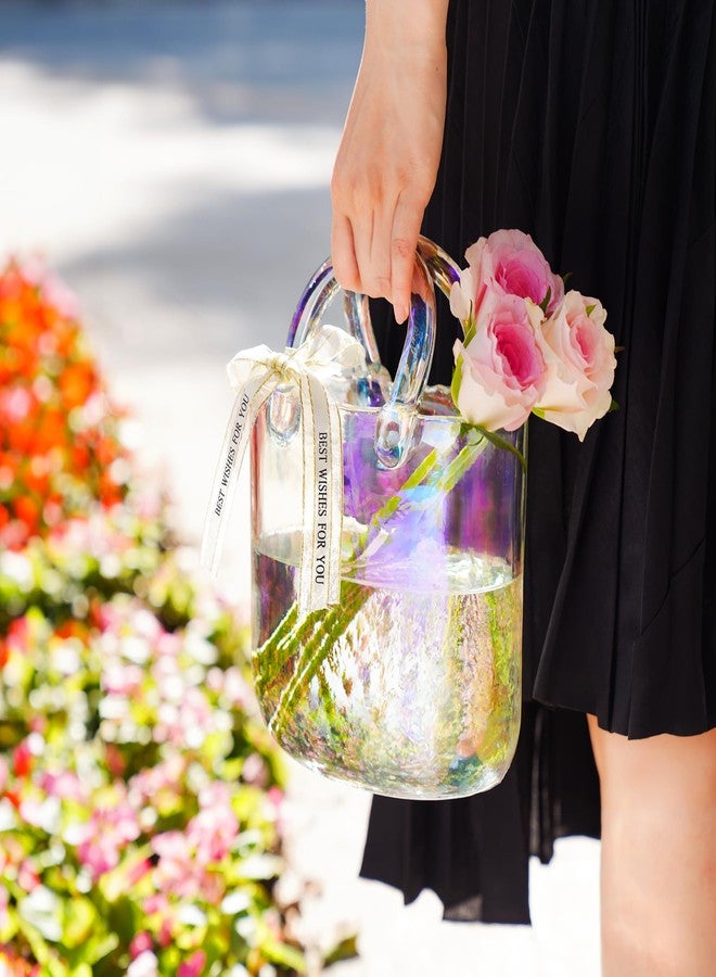 ان اي هوم مزهرية زجاجية متقزحة الألوان من NiHome، متعددة الاستخدامات كحامل للزهور أو حوض سمك، قطعة ديكور مميزة للمنزل، وحفلات الزفاف، وأعياد الميلاد، بمقبض سميك متين وفيونكة أنيقة من شريط حريري. - Image 5
