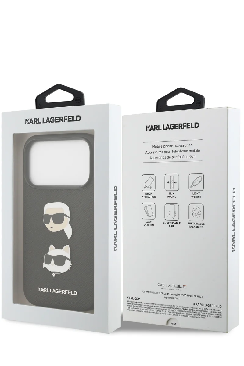 Karl Lagerfeld iPhone 17 Pro Case / Lagerfeld Full Wrapped  Saffiano Leather Back Cover with Karl & Choupette Head Pins-Black