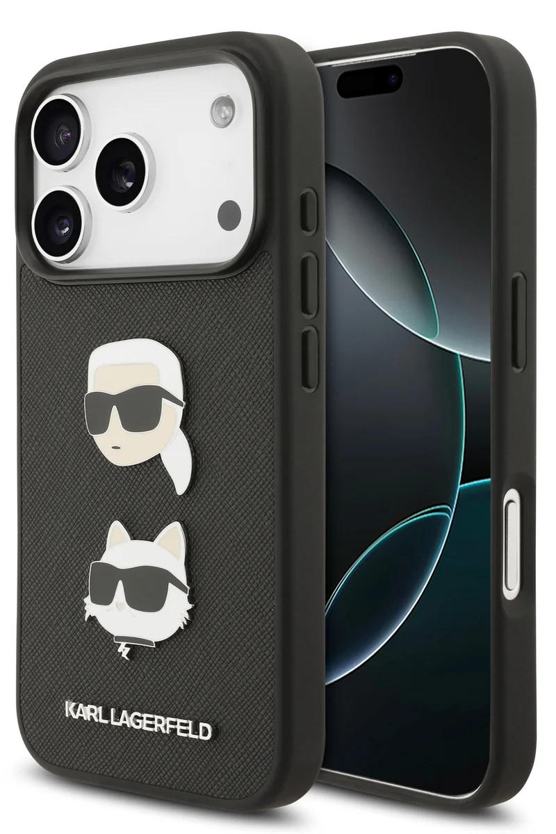 Karl Lagerfeld iPhone 17 Pro Case / Lagerfeld Full Wrapped  Saffiano Leather Back Cover with Karl & Choupette Head Pins-Black
