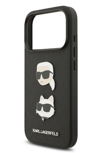 Karl Lagerfeld iPhone 17 Pro Case / Lagerfeld Full Wrapped  Saffiano Leather Back Cover with Karl & Choupette Head Pins-Black