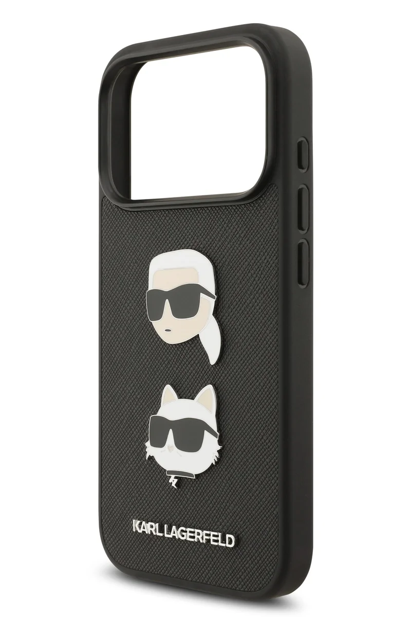 Karl Lagerfeld iPhone 17 Pro Case / Lagerfeld Full Wrapped  Saffiano Leather Back Cover with Karl & Choupette Head Pins-Black