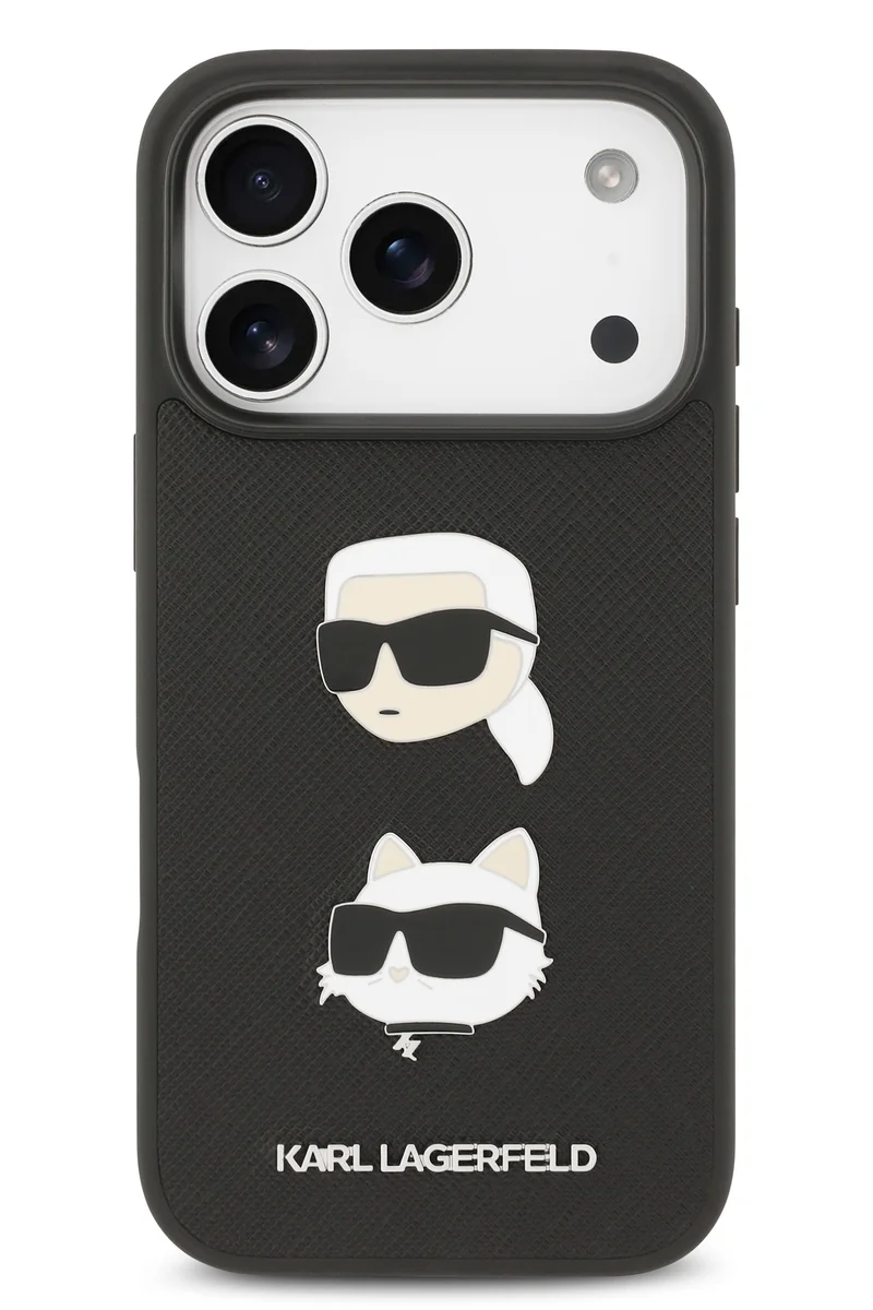 Karl Lagerfeld iPhone 17 Pro Case / Lagerfeld Full Wrapped  Saffiano Leather Back Cover with Karl & Choupette Head Pins-Black