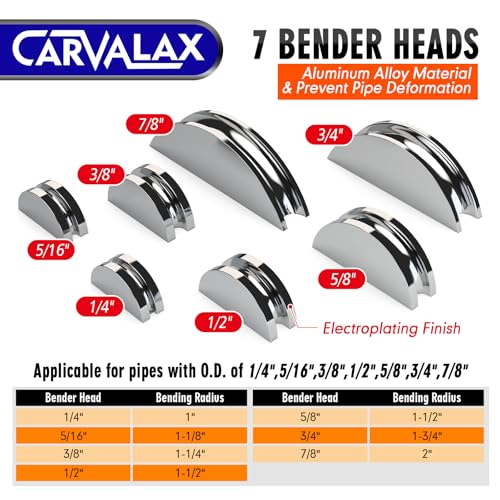 CARVALAX CAVALAX Aluminum Pipe Tube Bender Set with 7 Electroplated Bender Heads, for 1/4” to 7/8” O.D, 90° Ratcheting Tubing Bender w/Reverse Bending Adapters, for HVAC, Air Conditioning, and Heating Repair - Image 4