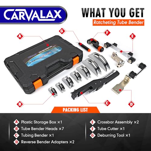 CARVALAX CAVALAX Aluminum Pipe Tube Bender Set with 7 Electroplated Bender Heads, for 1/4” to 7/8” O.D, 90° Ratcheting Tubing Bender w/Reverse Bending Adapters, for HVAC, Air Conditioning, and Heating Repair - Image 3