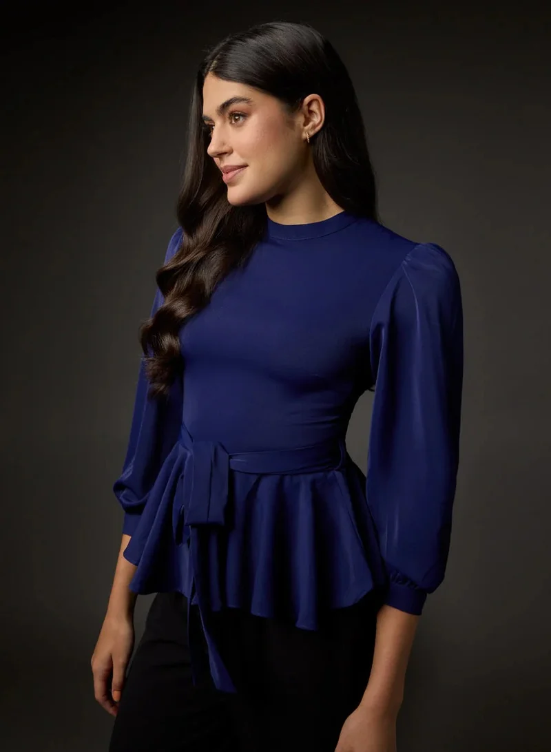 Zigzag Bishop Sleeve Belted Peplum Top-Navy Blue