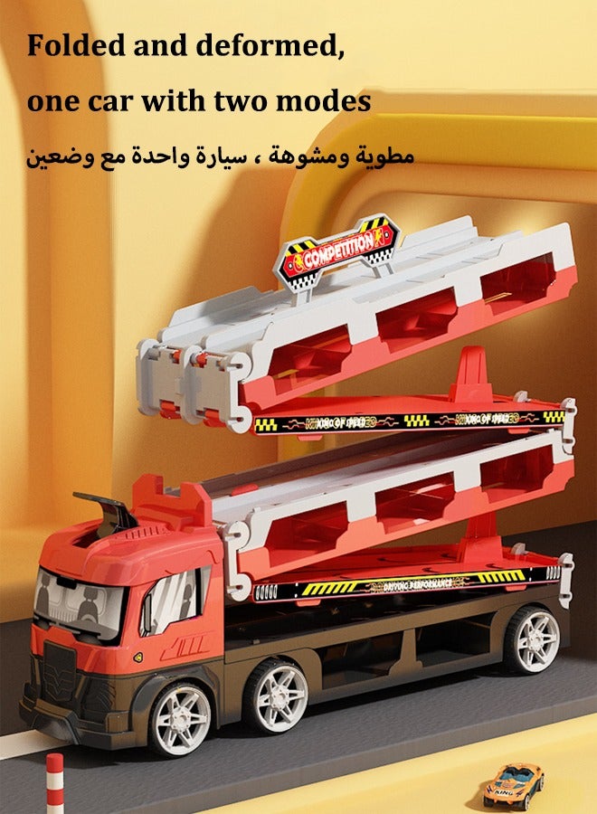 Beauenty Folding truck children's toy set Truck race track kids toys Folding and transforming toy truck Sliding track car parking lot toys Foldable 3-layer rail truck Storage racing toy set With 8 race cars - Image 1