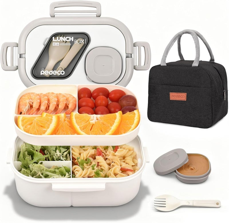PEDECO All-in-one Bento Lunch Box Set for Adults & Kids with Insulated Bag, Leakproof 3-Compartment and 2-Tier Stackable Container with Portable Sauce Pod, Microwave/Dishwasher Safe, BPA-Free (White) - Image 1