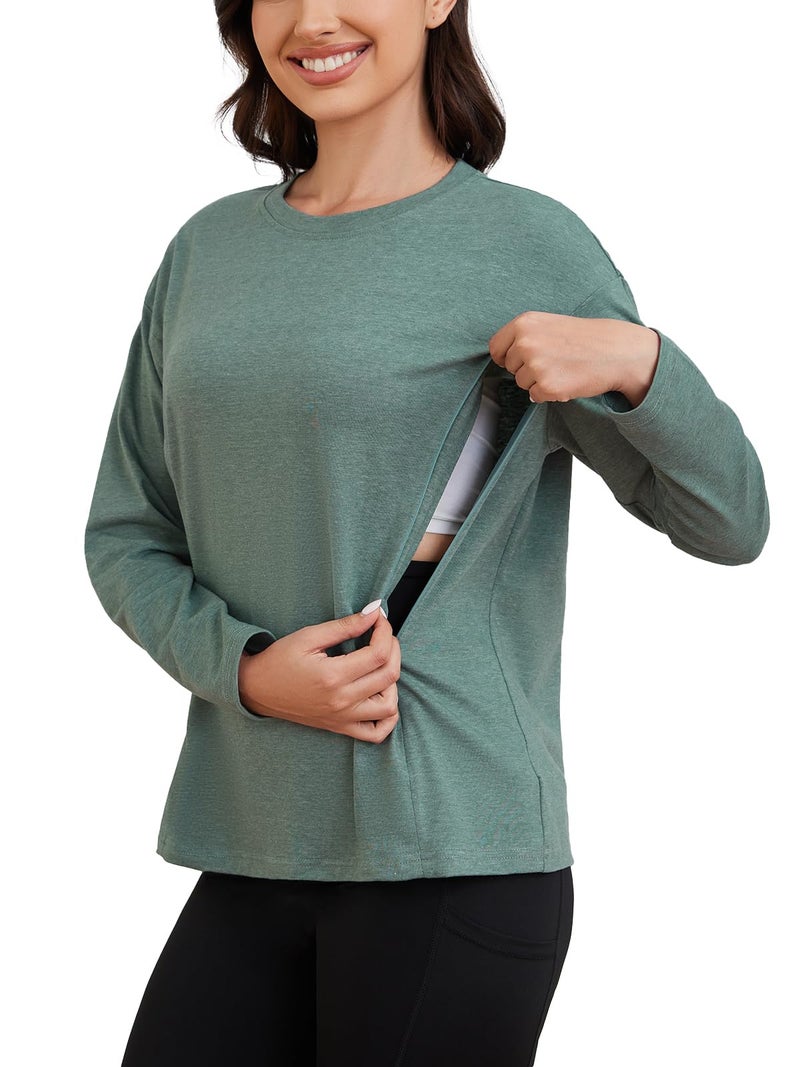 Ecavus Women’s Zip Maternity Nursing Tops for Breastfeeding Long Sleeves Casual Nursing Shirts Pregnancy Mama Clothes Heather Green - Image 1