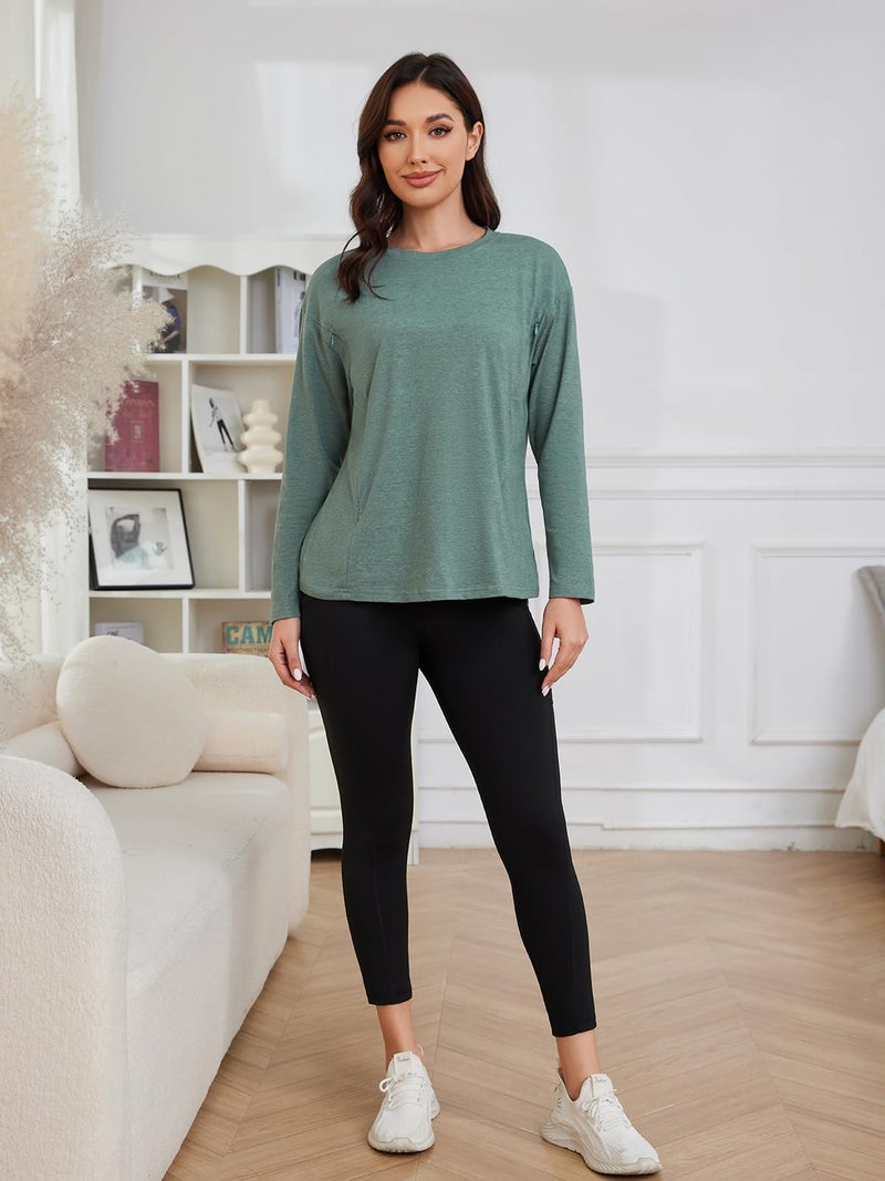 Ecavus Women’s Zip Maternity Nursing Tops for Breastfeeding Long Sleeves Casual Nursing Shirts Pregnancy Mama Clothes Heather Green - Image 4