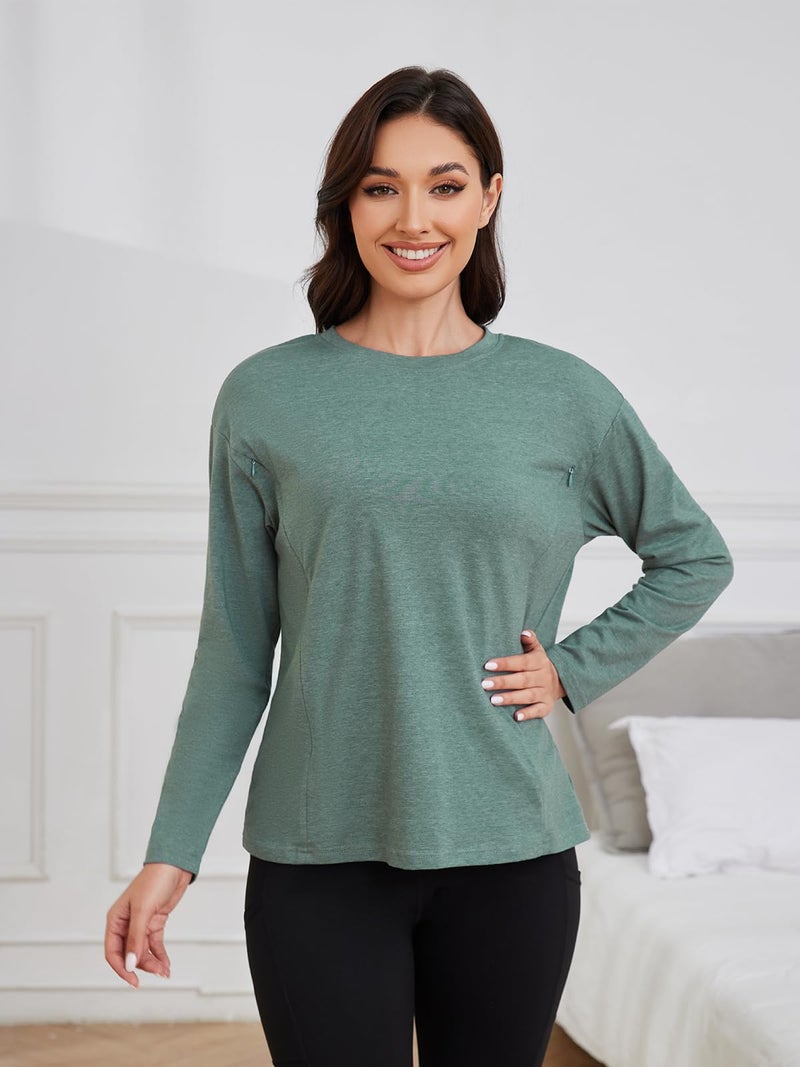 Ecavus Women’s Zip Maternity Nursing Tops for Breastfeeding Long Sleeves Casual Nursing Shirts Pregnancy Mama Clothes Heather Green - Image 2