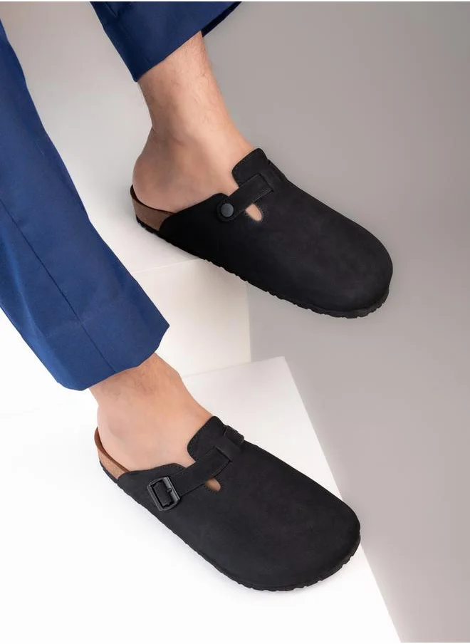 Styli Suede Clogs with Buckle Detail