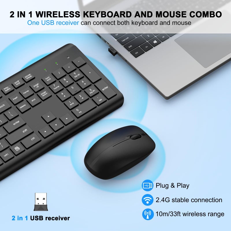 EDJO Wireless Keyboard and Mouse Combo, Full Size Silent Ergonomic Keyboard and Mouse, Long Battery Life, Optical Mouse, 2.4G Lag-Free Cordless Mice Keyboard for Computer, Mac, Laptop, PC, Windows - Image 2