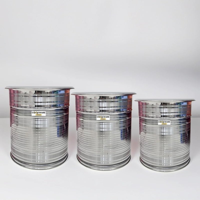 COOKWARE PARADISE COOKWARE PARADISE Stainless Steel Water And Wheat Flour Storage Drum Kitchen Storage Corrosion Resistance ContainerAtta DrumGrainsWater Capacity20kg15kg12kg Set Of 3  - Image 1