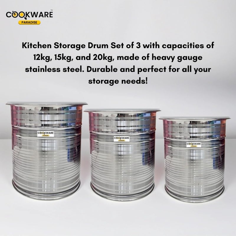 COOKWARE PARADISE COOKWARE PARADISE Stainless Steel Water And Wheat Flour Storage Drum Kitchen Storage Corrosion Resistance ContainerAtta DrumGrainsWater Capacity20kg15kg12kg Set Of 3  - Image 4