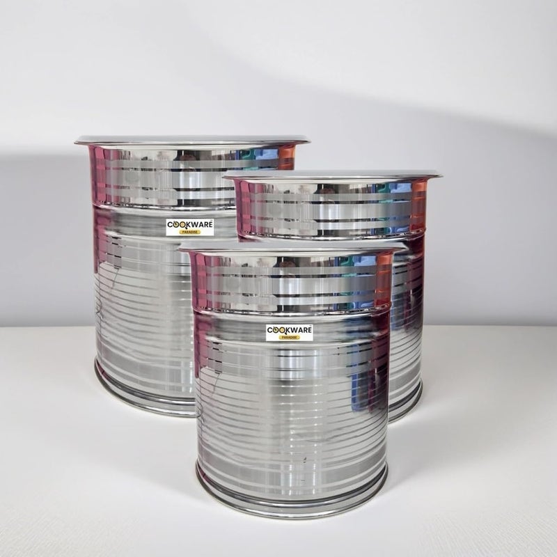 COOKWARE PARADISE COOKWARE PARADISE Stainless Steel Water And Wheat Flour Storage Drum Kitchen Storage Corrosion Resistance ContainerAtta DrumGrainsWater Capacity20kg15kg12kg Set Of 3  - Image 5