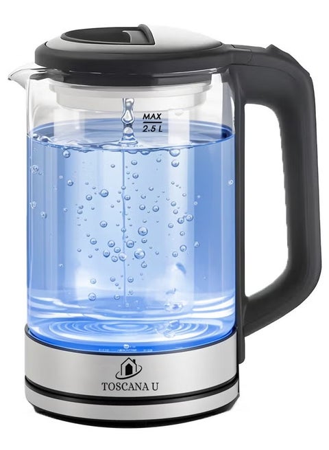 2.5L Electric Glass Kettle,1500W Glass Pot Electric Water Boiler with High borosilicate glass,Large Glass Electric Hot Water Kettle Fast Boiling, Blue LED Indicator Light, Auto Shut-Off and Boil-Dry Protection, Touch Safety Handle, 360° Swivel Base
