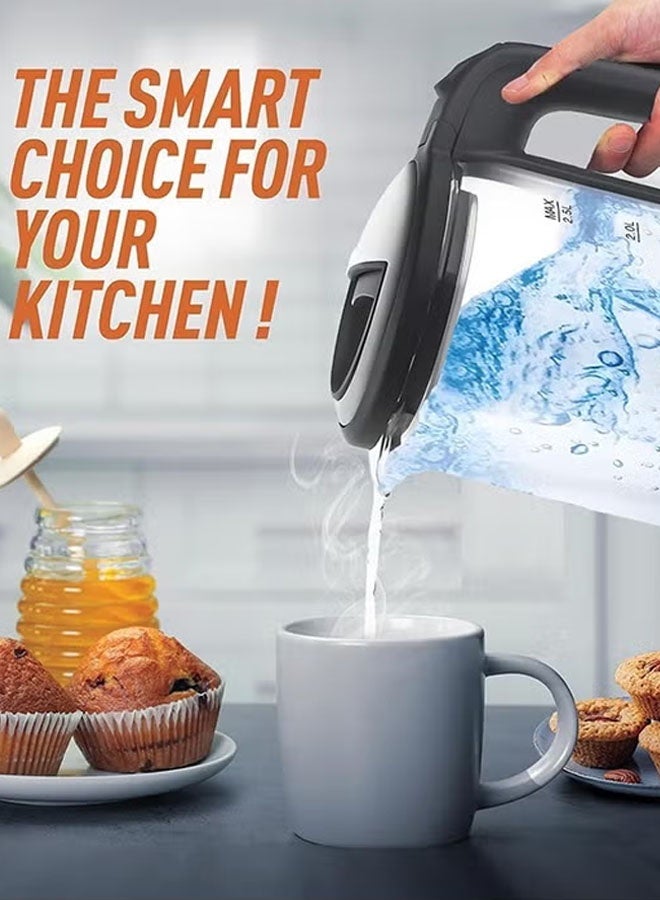 توسكانا يو غلاية كهربائية زجاجية بسعة 2.5 لتر، قدرة 1500 واط، غلاية ماء كهربائية مصنوعة من زجاج البورسليكات العالي، غلاية ماء زجاجية كهربائية كبيرة وسريعة الغليان، مزودة بإضاءة LED زرقاء، ميزة الإيقاف التلقائي والحماية من الغليان الجاف، مقبض آمن للمس، وقاعدة دوارة 360 درجة. - Image 4