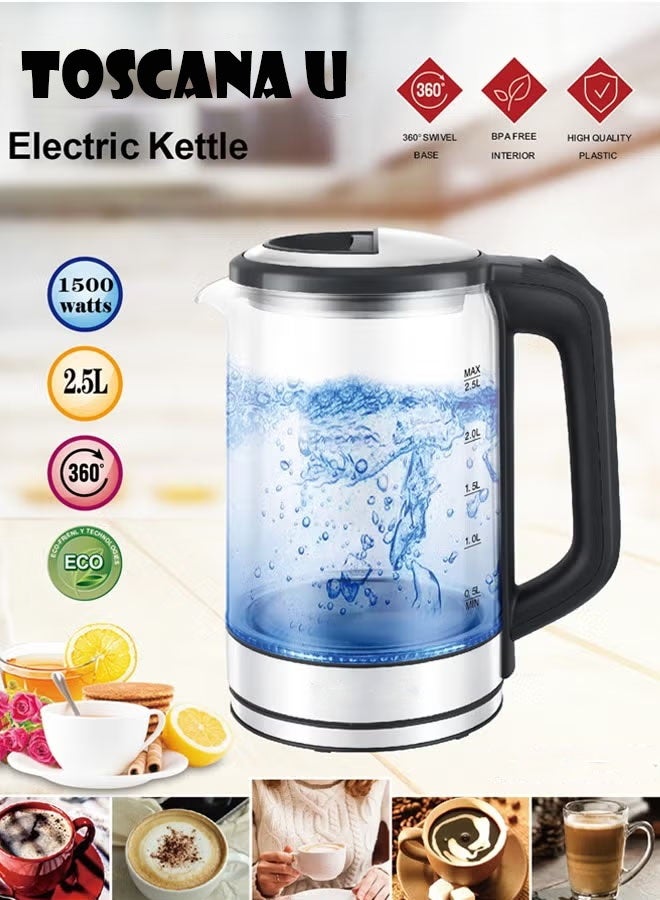 توسكانا يو غلاية كهربائية زجاجية بسعة 2.5 لتر، قدرة 1500 واط، غلاية ماء كهربائية مصنوعة من زجاج البورسليكات العالي، غلاية ماء زجاجية كهربائية كبيرة وسريعة الغليان، مزودة بإضاءة LED زرقاء، ميزة الإيقاف التلقائي والحماية من الغليان الجاف، مقبض آمن للمس، وقاعدة دوارة 360 درجة. - Image 3