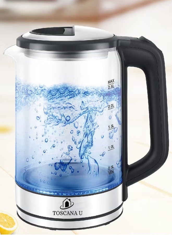 توسكانا يو غلاية كهربائية زجاجية بسعة 2.5 لتر، قدرة 1500 واط، غلاية ماء كهربائية مصنوعة من زجاج البورسليكات العالي، غلاية ماء زجاجية كهربائية كبيرة وسريعة الغليان، مزودة بإضاءة LED زرقاء، ميزة الإيقاف التلقائي والحماية من الغليان الجاف، مقبض آمن للمس، وقاعدة دوارة 360 درجة. - Image 2