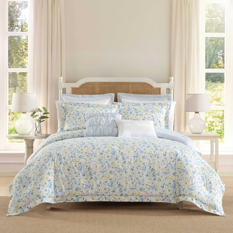 LAURA ASHLEY Laura Ashley Comforter Soft Reversible Bedding Set Includes Matching Bonus Euro Shams  Throw Pillows Queen Nora BlueYellowGreenWhite 
