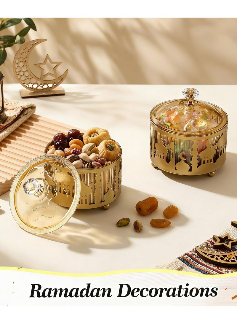 2Pcs Ramadan Trays with Lid Metal Gold Eid Mubarak Tray Ramadan Plate Ramadan Decorations Ramadan Food Storage Container for Serving Cookie Candy Pastry Dessert Eid Party, YB-Candy01L - Image 1