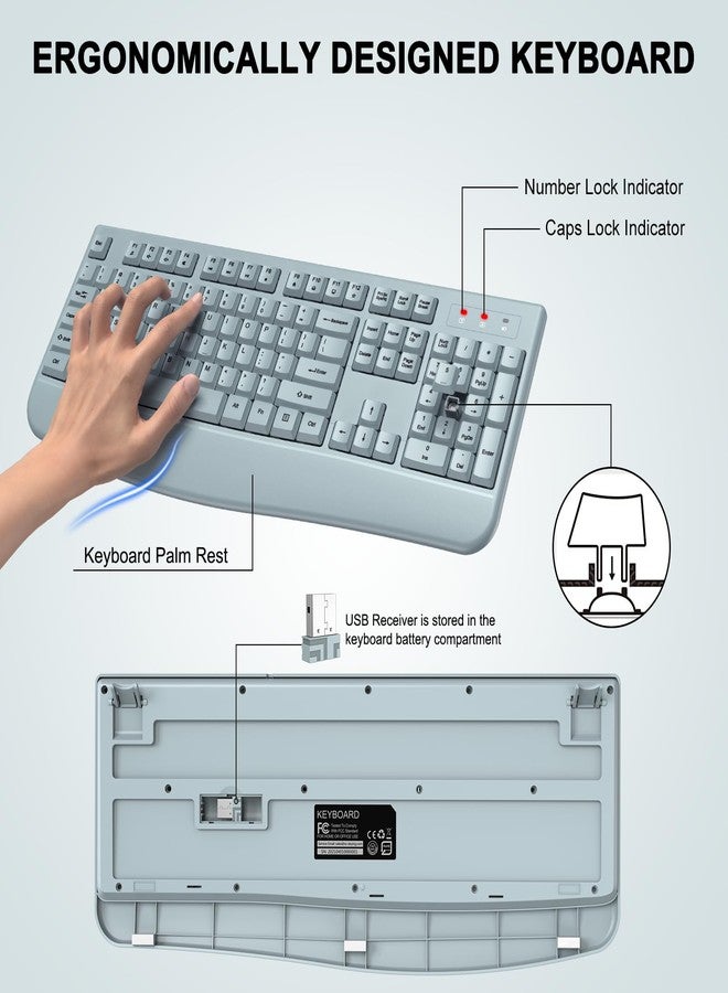 ULSOU Wireless Keyboard and Mouse Combo, ULSOU 2.4G Full-Sized Ergonomic Computer Keyboard with Wrist Rest and 3 Level DPI Adjustable Wireless Mouse for Windows, Mac OS Desktop/Laptop/PC(Grey) - Image 2